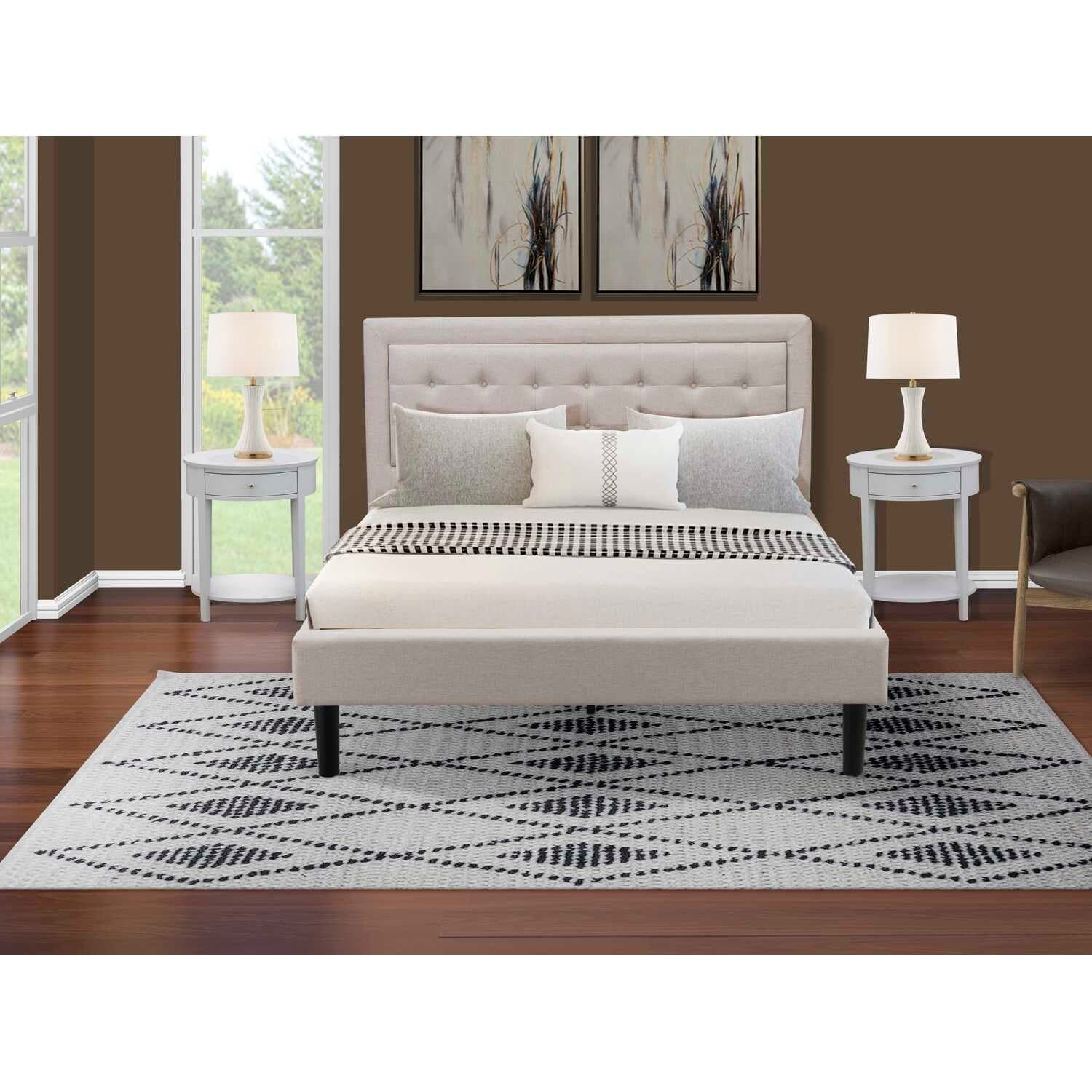 Queen Size Bed Platform Wood Frame - Linen Upholstered Headboard - Modern Bedroom Furniture