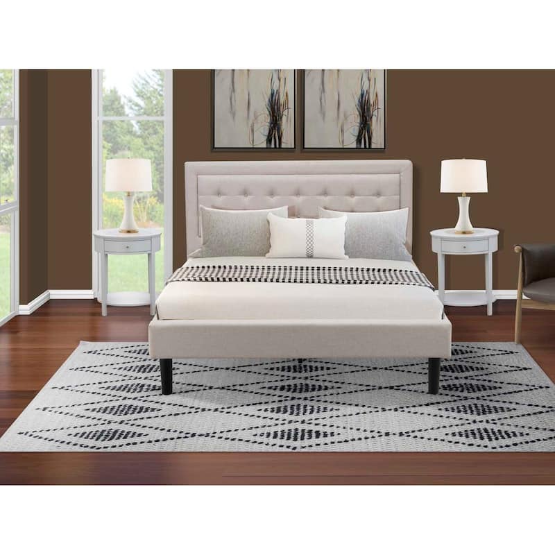 Queen Size Bed Platform Wood Frame - Linen Upholstered Headboard - Modern Bedroom Furniture