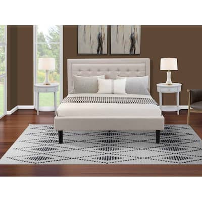 Queen Size Bed Platform Wood Frame - Linen Upholstered Headboard - Modern Bedroom Furniture