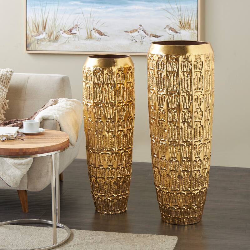Gold Metal Tall Vase with Grooved Patterns (Set of 2) - Gold - 41", 37"H