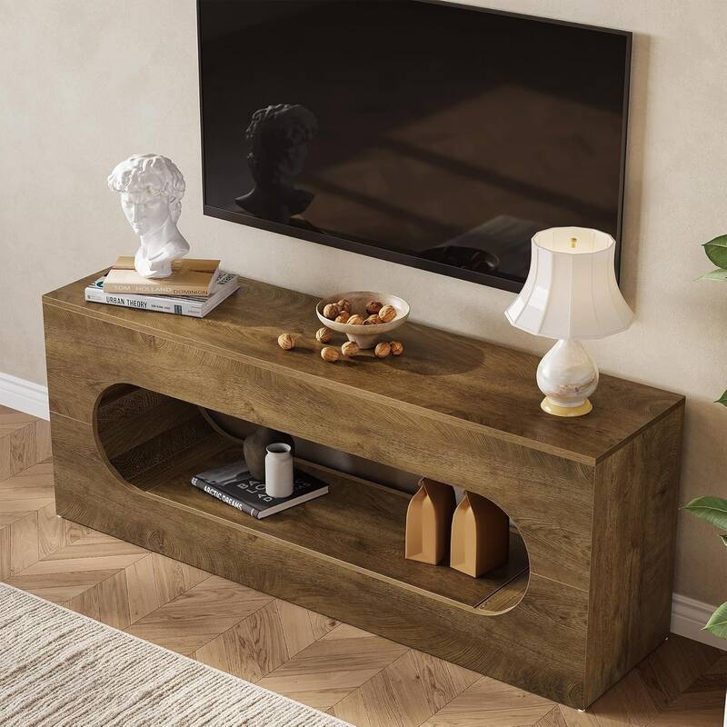 63" Wood TV Stand for TVs up to 65 Inches, Farmhouse Entertainment Center with Large Open Storage