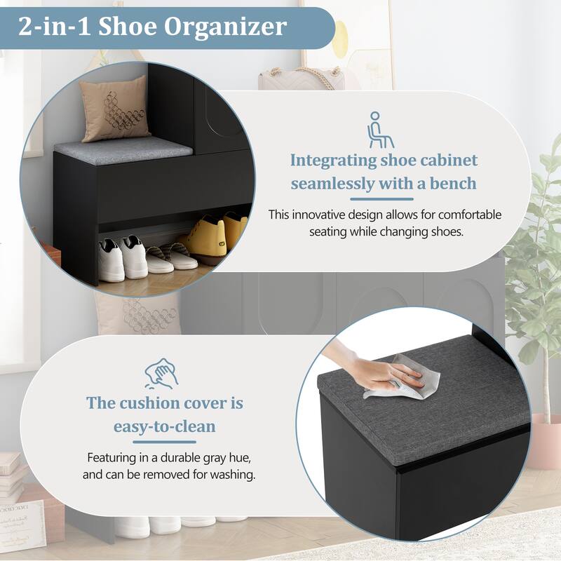Elegant 2-in-1 Shoe Cabinets with Soft Cushion, Modern Storage Bench with Arched Doors