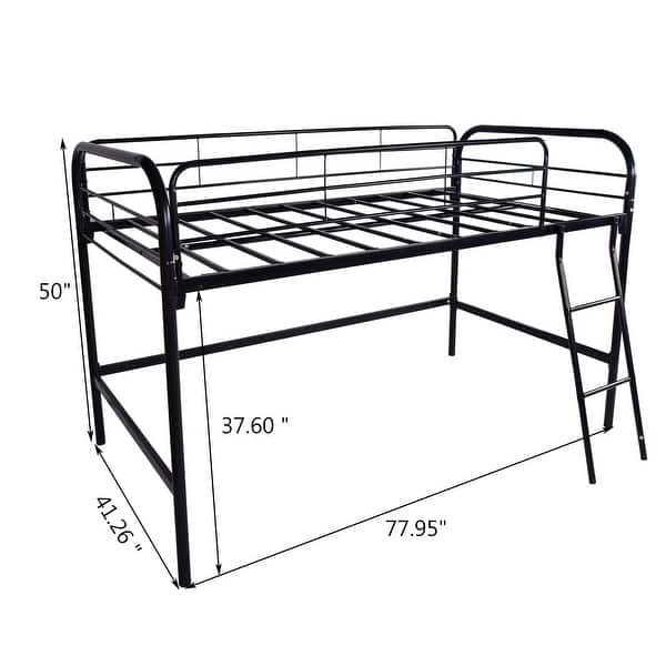 Black Twin Size Metal High Loft Bed with Ladder and Fence for Kids, Boys and Girls