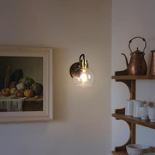 Modern 1-Light Black Gold Wall Sconces Globe Glass Bathroom Vanity Lights - 5.5" L x 8" W x 8.5" H