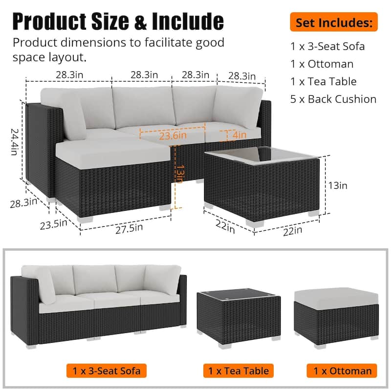 Patio Furniture Set, 5pcs Outdoor Rattan Wicker Furniture