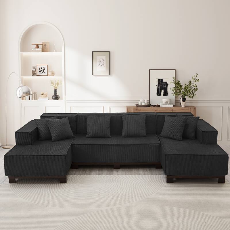 Modern U-Shaped Sectional Sofa Set Stripe Corduroy Upholstered Sofa with Light Strip and 6 Pillows - Black