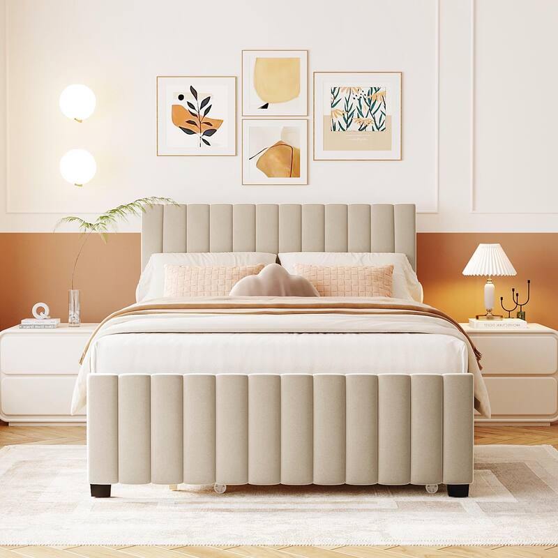 Elegant Twin/Full Platform Bed with Velvet Upholstery and Twin Size Trundle, Stylish and Functional