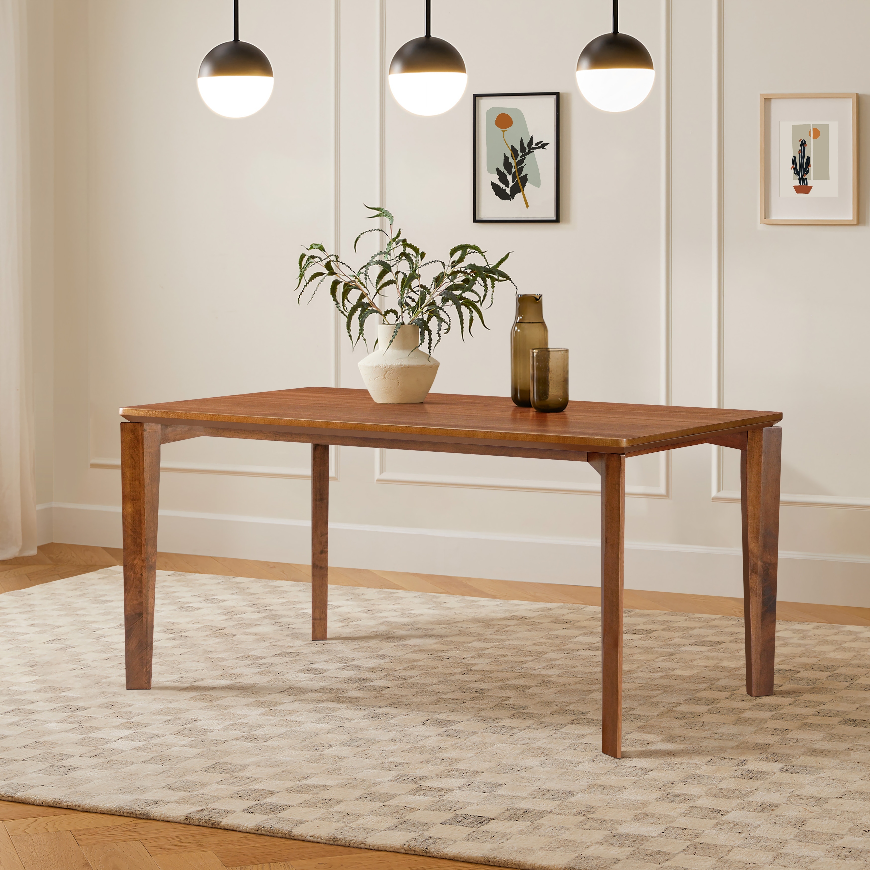 Walnut Veneer MDF Wood 6-Person Rectangle Dining Table with Rubberwood Legs - 59.06" Wide