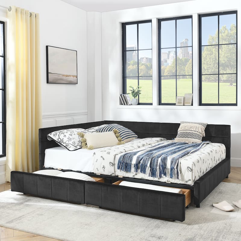 Queen Size Velvet Upholstered Bed Frame with Storage, Backrest, and Armrests for Bedroom or Living Room - Black