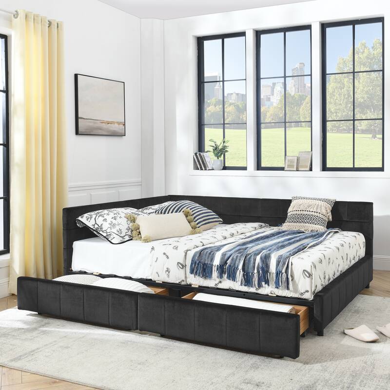 Roomfitters Queen Upholstered Storage Sofa Bed Frame with Backrest and Armrests, Velvet Platform Bed - Black - Queen