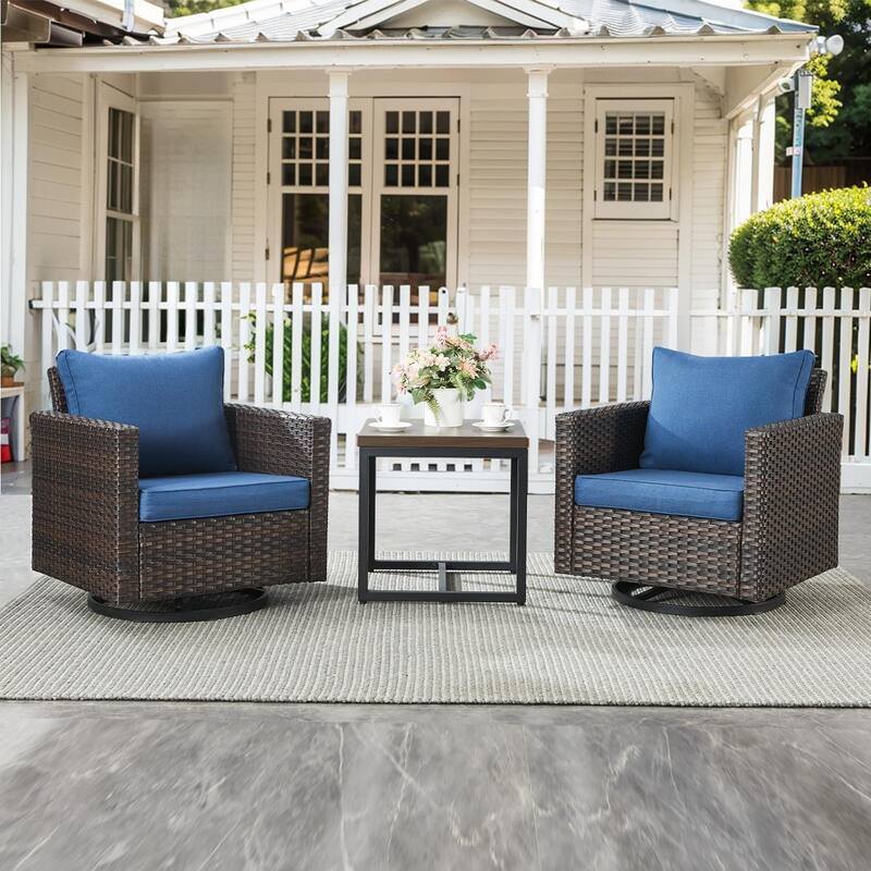 Gymojoy 3 Pieces Outdoor Wicker Swivel Rocker Patio Set - Brown - Blue