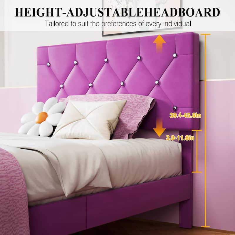 Javlergo 2-Piece Twin Bed Frame Set 39.4-45.3" Adjustable Height PU Leather Headboard with Diamond Embellishment Storage Drawer