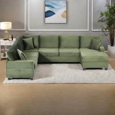 125.2" Corduroy U-Shaped Sectional Sofa with Movable Ottoman and Side Storage Pockets