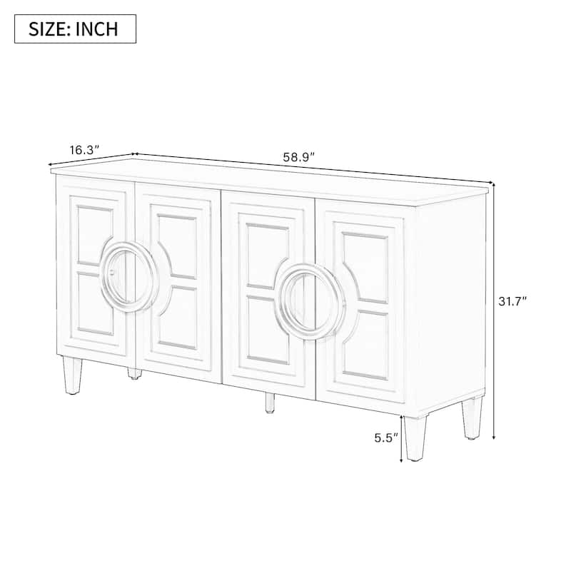 Sideboard Cabinet with Round Ring Handle, Wood Storage Cabinet with Adjustable Shelf, Console Table with 4 Doors