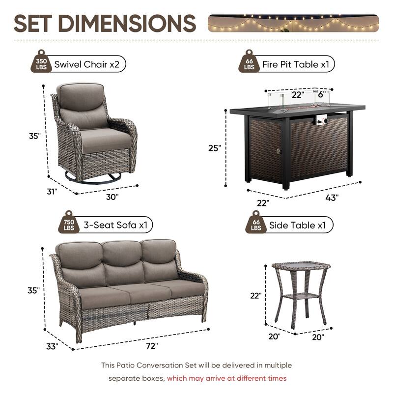 Pocassy Patio Sofa Swivel Chair Set with 43" Fire Pit Table