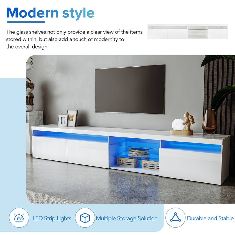 94.5" White TV Cabinet with LED Lights, 2 Glass Shelves, Media Console for TVs up to 105", Ample Storage