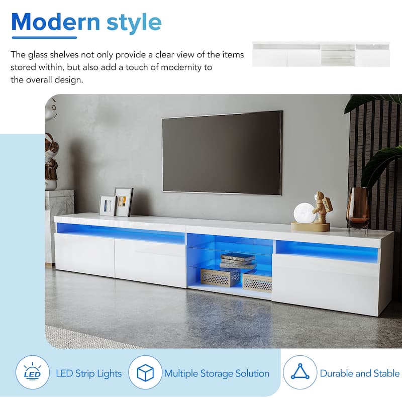 White 94" TV Stand with Glass Shelves & LED for TVs Up to 105"
