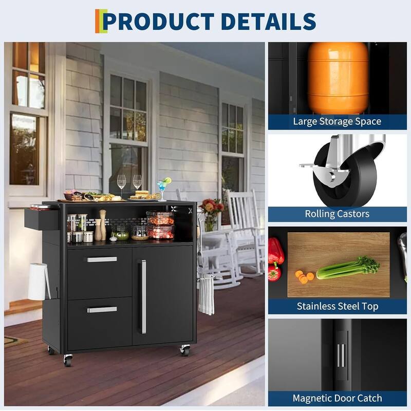 3-Tier Lockable Wheels Grill Cart, Kitchen Cart for Patio, Deck, Backyard, and Camping