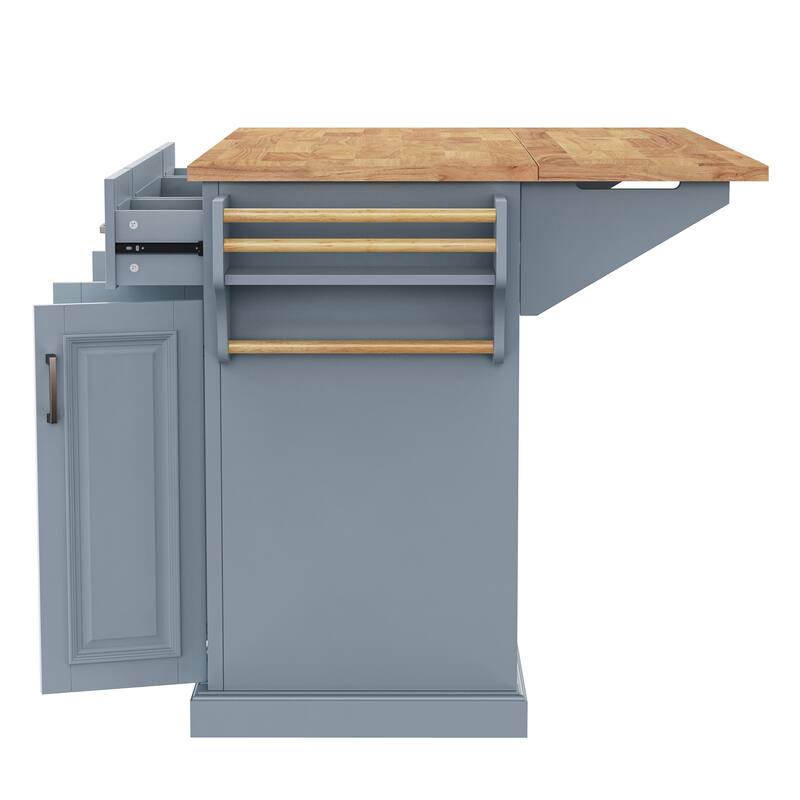 54"Large Kitchen Island with Rubber Wood Drop Leaf,Embossed Texture Rolling Kitchen Cart on 4 Wheels with 4 Doors and 3 Drawers