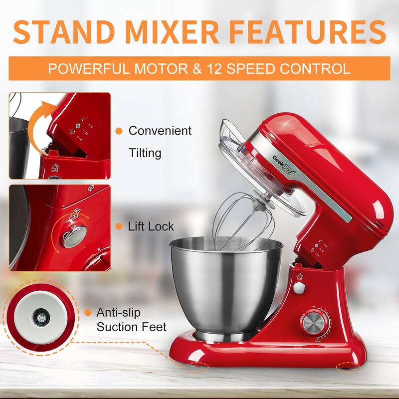 Geek Chef Electric Stand Mixer, 4.8QT 12 Speeds Tilt-head Food Mixer with Dough Hook, Rotary Knob for Home Kitchen Use