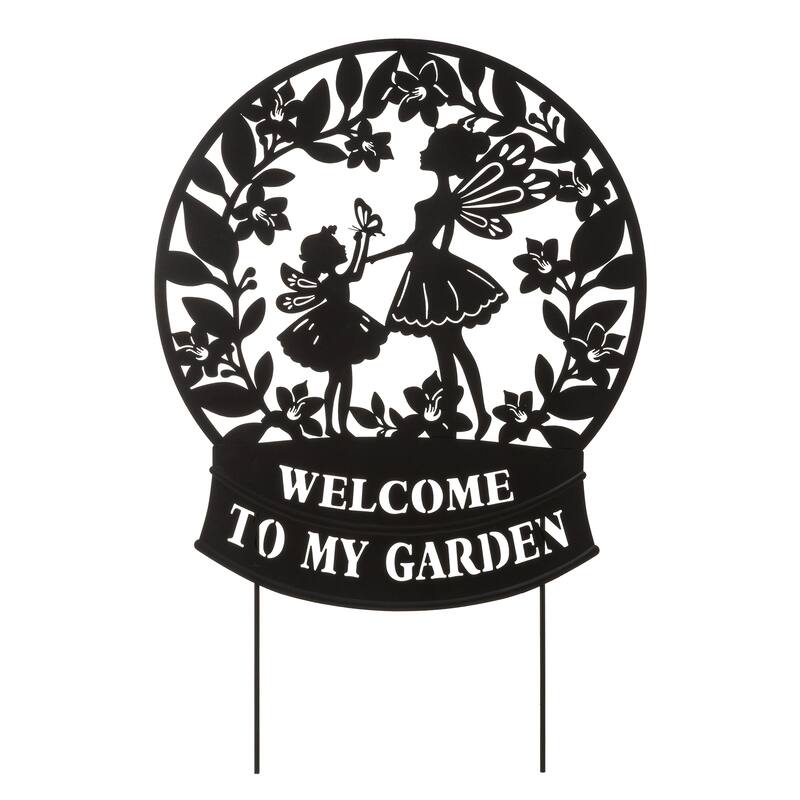 Glitzhome 30"H Multi-functional Metal Rabbit Flower Fairy Silhouette with Welcome Sign Garden Yardstake Wall Decor