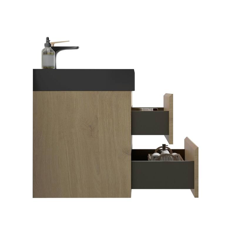 24" Floating Bathroom Vanity in Natural Oak with Handle-Free Design, Black Sink, and Silent Soft-Close Drawers