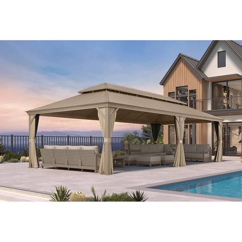 PURPLE LEAF Outdoor Hardtop Gazebo Pro Champagne Metal Frame Galvanized Steel Double Roof with Curtains and Netting for Poolside - 14' x 28' - Champagne Pro