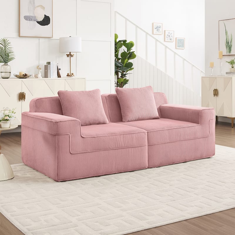 Modular 2-Seat Boneless Sofa, Modern Sectional Couch with Deep Seats, Wide Armrests, Corduroy Loveseat with Throw Pillows
