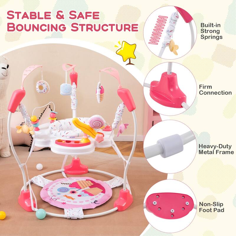Baby Activity Center Jumper with 360 Rotating Seat Adjustable Height Interactive Toys and Music Tray - 34.5" x 34.5" x 37"