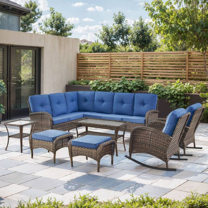 Outdoor Sectional Sofa with Chair Funiture Set - Brwon Wicker Blue Cushion - 8PCS Sectional Sofa w/ Rocker Chair Ottoman