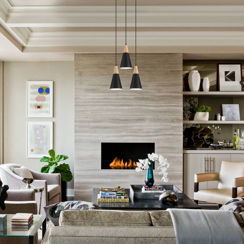 Modern 3-Light Wood Triangle Semi Flush Mount Chandelier, Kitchen Island Pendant Lights for Kitchen Island Dining Room