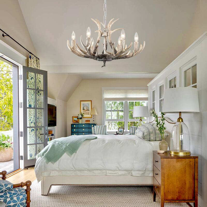 6-light farmhouse adjustable height pendant light with decorative resin antlers