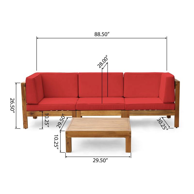 Brava Outdoor 3-Seater Acacia Wood Sectional Sofa Set with Coffee Table and Cushions by Christopher Knight Home
