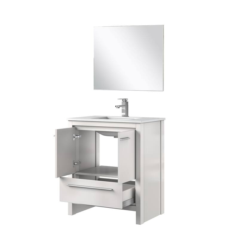 Lafarre Bath Vanity, White Quartz Top, Chrome Faucet Set and Mirror
