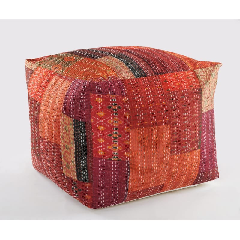 24" Square Red Pouf Ottoman with Cotton Blend Upholstery and Modern Patchwork Design Great for Footrest - Red