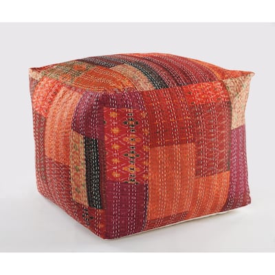 24" Square Red Pouf Ottoman with Cotton Blend Upholstery and Modern Patchwork Design Great for Footrest