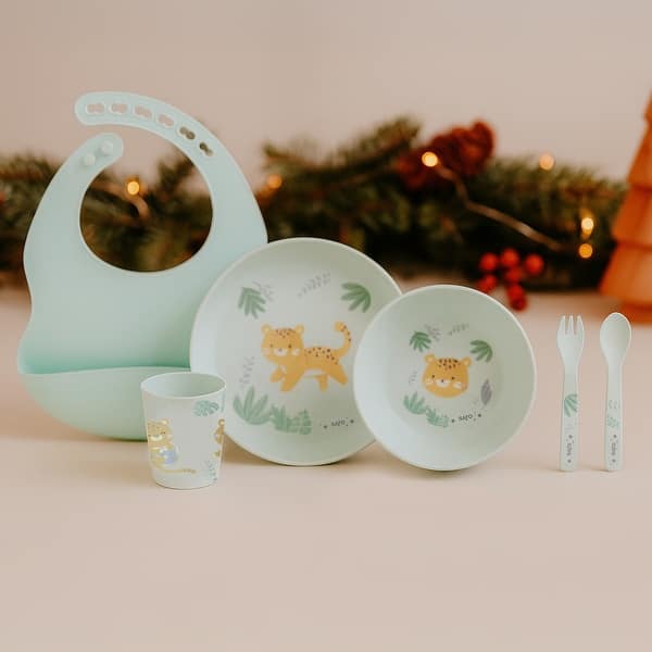 slide 2 of 7, Jungle Cheetah 6 Piece Set with Silicone Bib