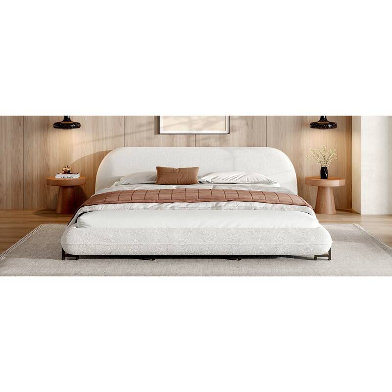 King Size Bed Frame with Boucle Fabric, Upholstered Platform Bed with Curve-Shaped Design & Thick Headboard, White