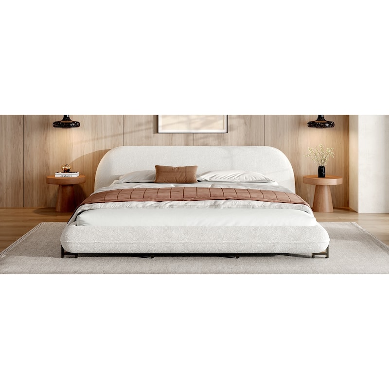 Roomfitters King Size Upholstered Platform Bed Frame with Boucle Fabric, Modern Curved Headboard, White