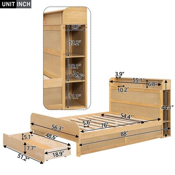 Full Size Platform Bed with Headboard and 1 Drawers Underneath, Wooden Storage Bedframe No Box Spring Needed, Natural
