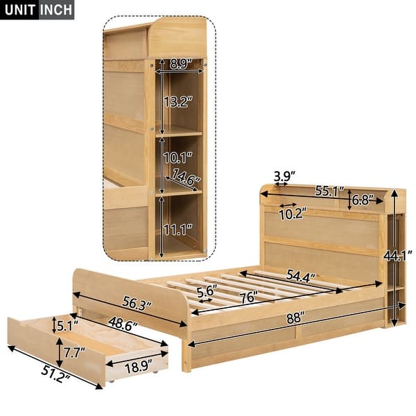 dimension image slide 0 of 2, Full Size Wooden Storage Platform Bedframe with Headboard & Drawers