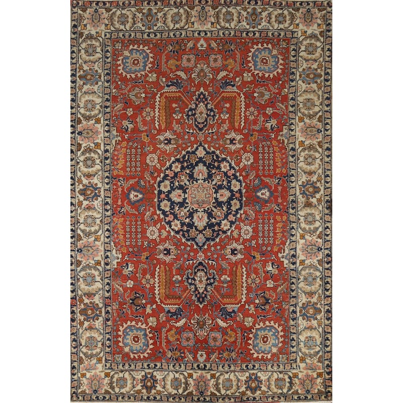 Vegetable Dye Tabriz Persian Vintage Rug Handmade Orange Wool Carpet - 6'10" x 10'5"