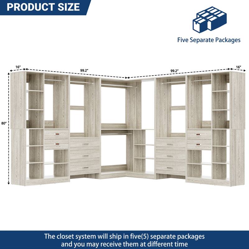 Rackcog Set of 5 Large Closet System with Drawers, Coner Closet Organizers with Hanging Rods and Shelves
