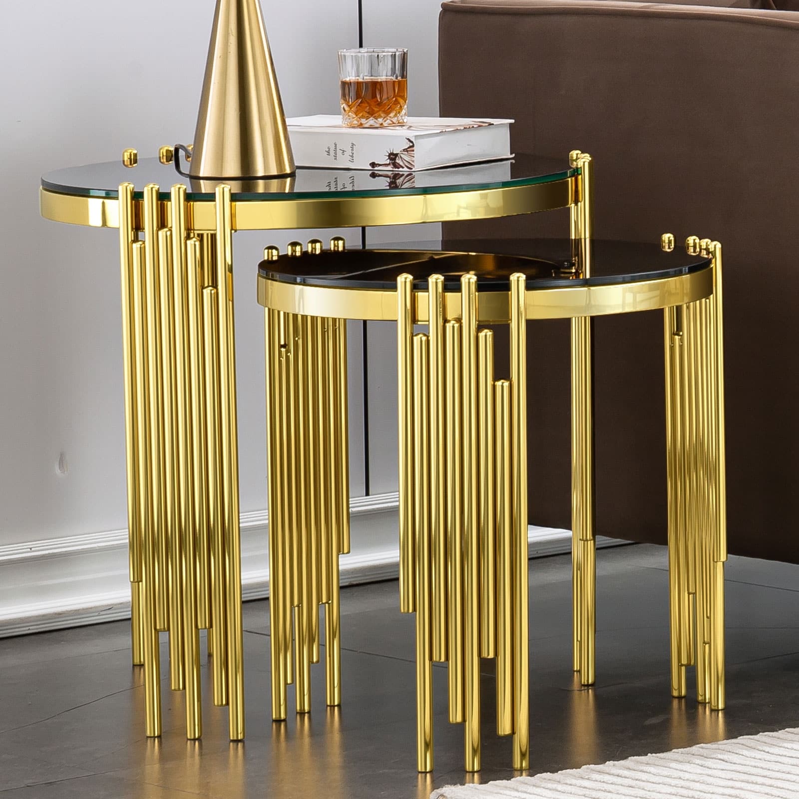 Modern Round Nesting End Tables Stacking Side Table 2-Piece Set with Tempered Glass Top and Chime-Shaped Legs
