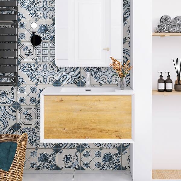 slide 2 of 37, Bathroom Vanity in F.Oak with Integrated Solid Surface Top 31.22'' x 20.79'' x 16.46''