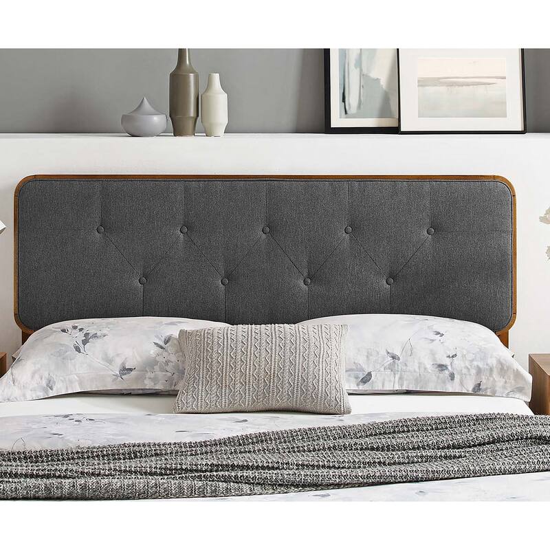 Glendale Traditional Charcoal Fabric Button Tufted Full Size Walnut Wooden Headboard