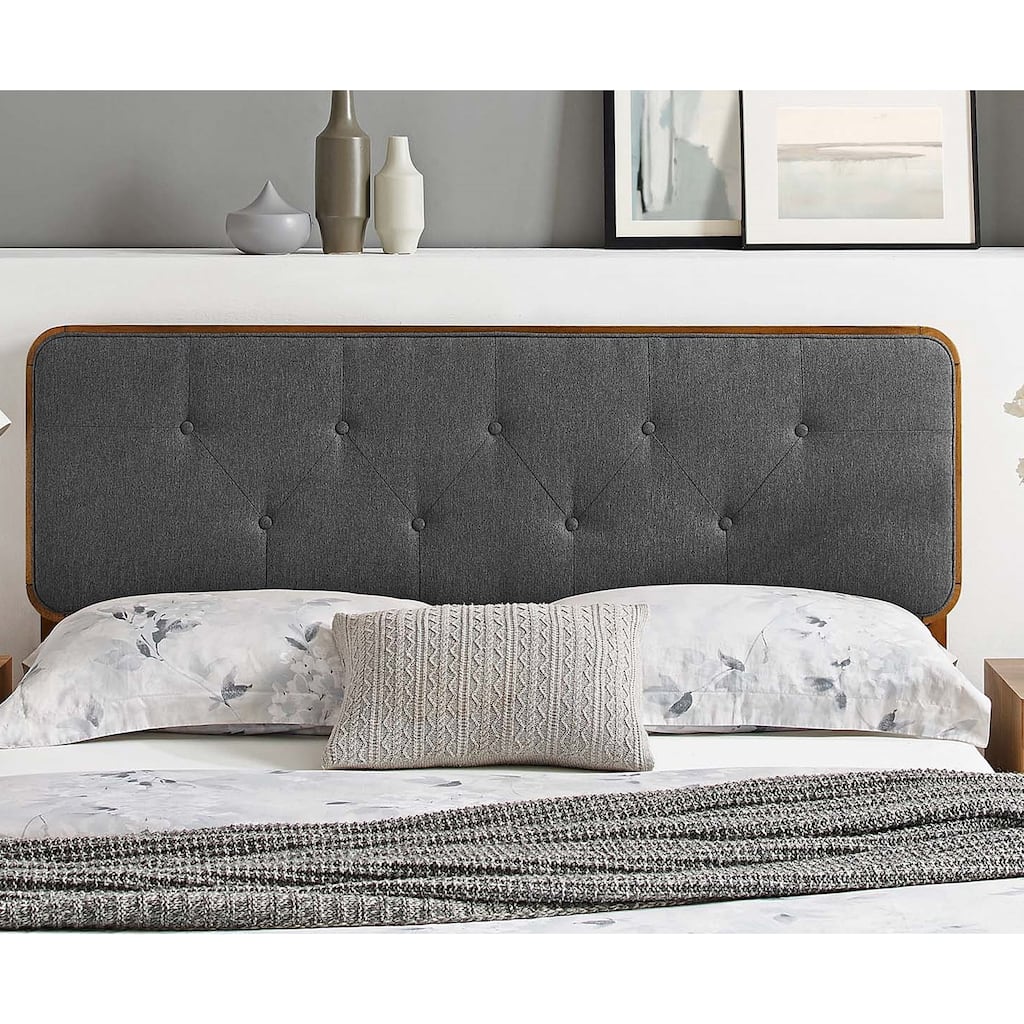 Glendale Traditional Charcoal Fabric Button Tufted Full Size Walnut Wooden Headboard