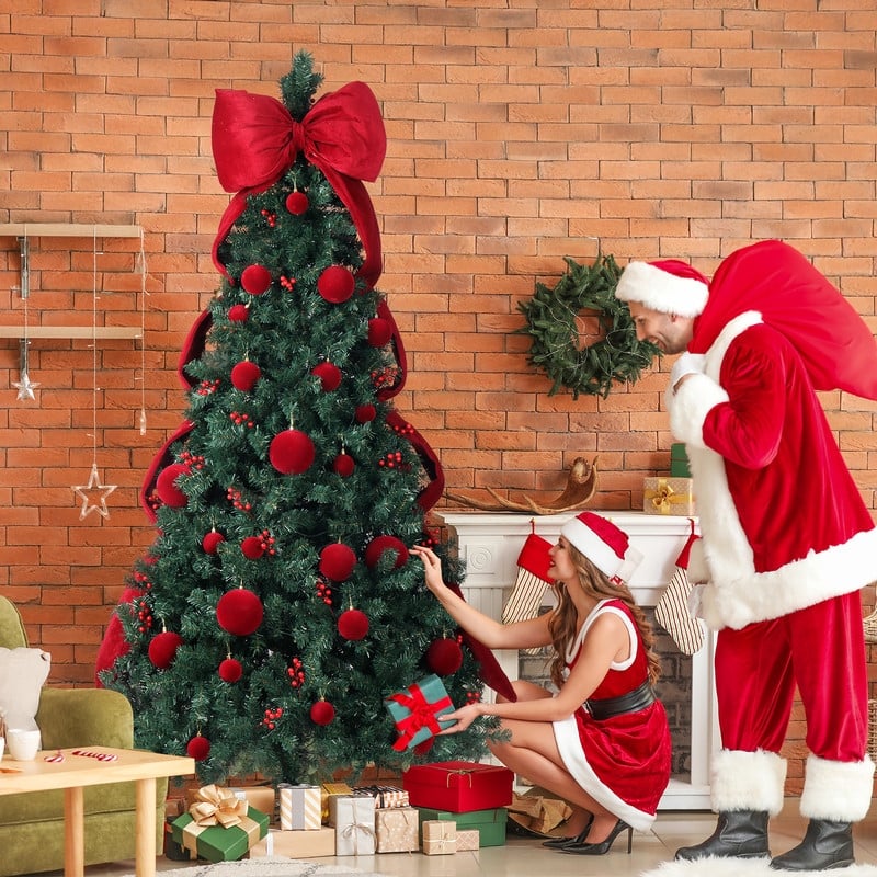 7.5 FT Artificial Christmas Tree with Giant Bowknot and Red Ball Ornament
