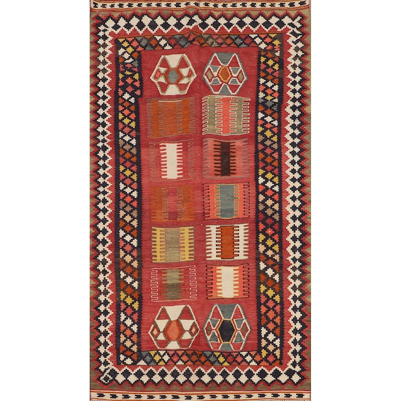 Kilim Qashqai Persian Vintage Rug Hand-Woven Red Tribal Wool Carpet - 5'5"x 9'9"