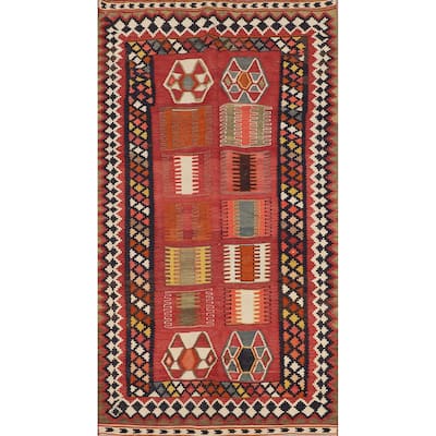 Kilim Qashqai Persian Vintage Rug Hand-Woven Red Tribal Wool Carpet - 5'5"x 9'9"